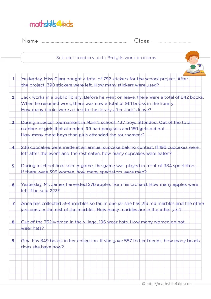Preview of the subtraction story page: problems about stickers, library books, a soccer tournament, cupcakes and marbles.