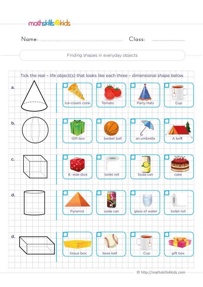 Preview of five rows pairing a drawn solid with four colored pictures, including a basketball, a tent, a die and a gift box.