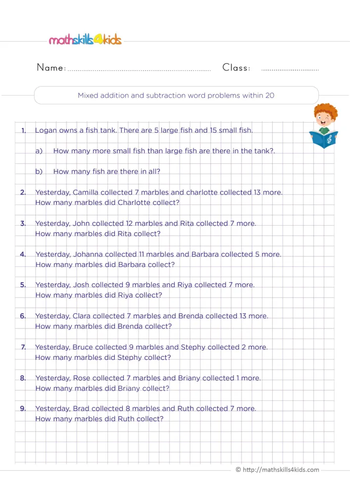 Preview of the story problem page: Logan's fish tank in parts a and b, then numbered marble stories from 2 to 9.