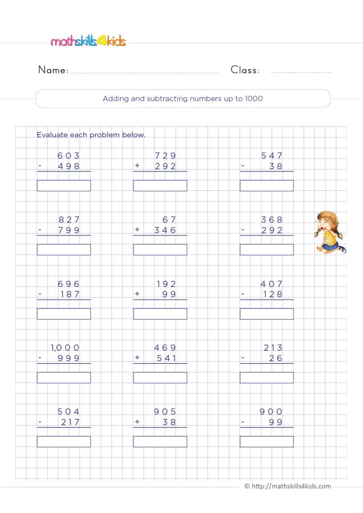Preview of the column calculation page: a middle column of additions between two columns of three-digit subtractions.