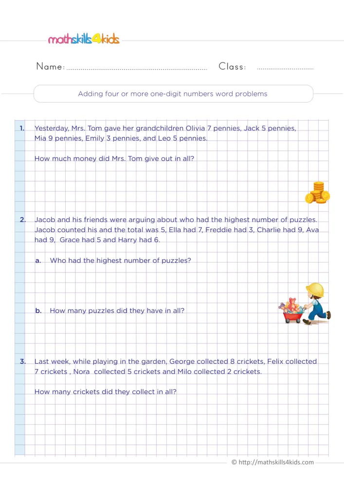 Preview of the long-sum word problems page, with a child pulling a wagon of toys beside the puzzle story.