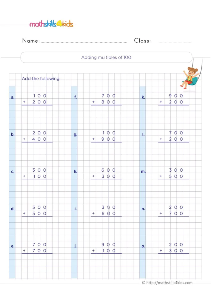 Preview of the page: three columns of sums such as 100 + 200, 700 + 800 and 900 + 200, each with space below the line.