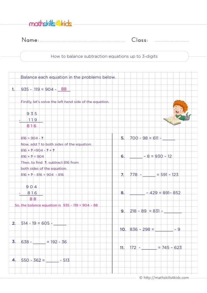 Preview of the page: equations such as 700 − 98 = 611 minus a blank, with a boy lying on his tummy reading a book.