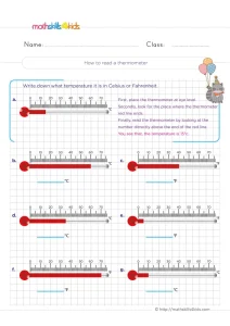 2nd Grade Celsius and Fahrenheit Thermometer Worksheet: Read Where the Red Line Ends