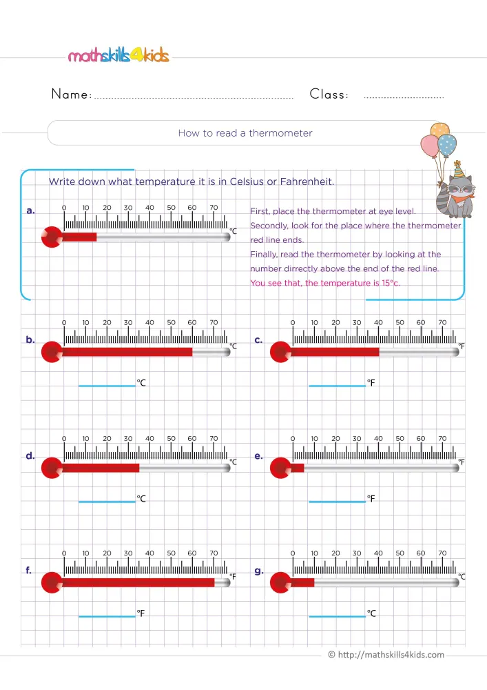 Preview of the how to read a thermometer page: a raccoon with balloons, a worked 15°C example and six blank answer lines.