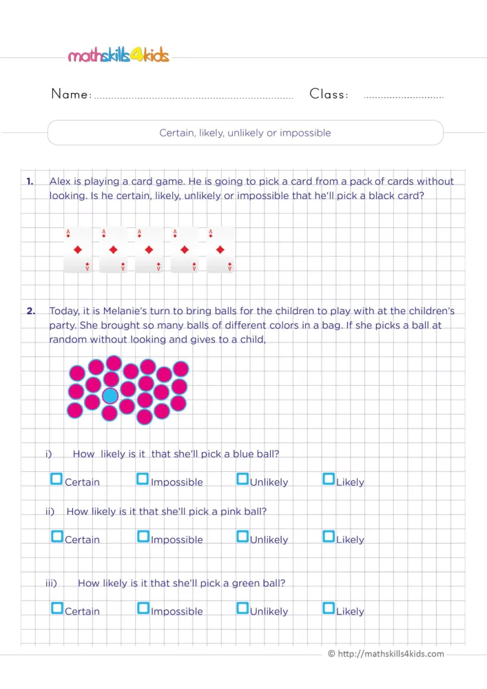 Preview of the chance words page: a card question and a party ball question with certain, likely, unlikely and impossible boxes.