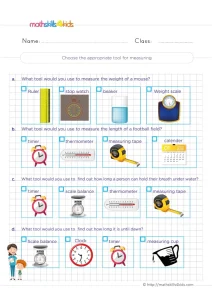 2nd Grade Choose a Measuring Tool Worksheet: Weight, Length or Time?