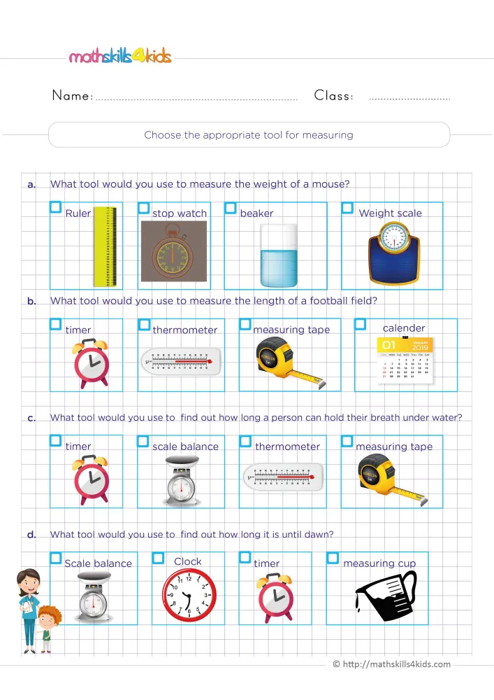 Preview of the choose the appropriate tool for measuring page: four rows of tool pictures, each with a small box to tick.