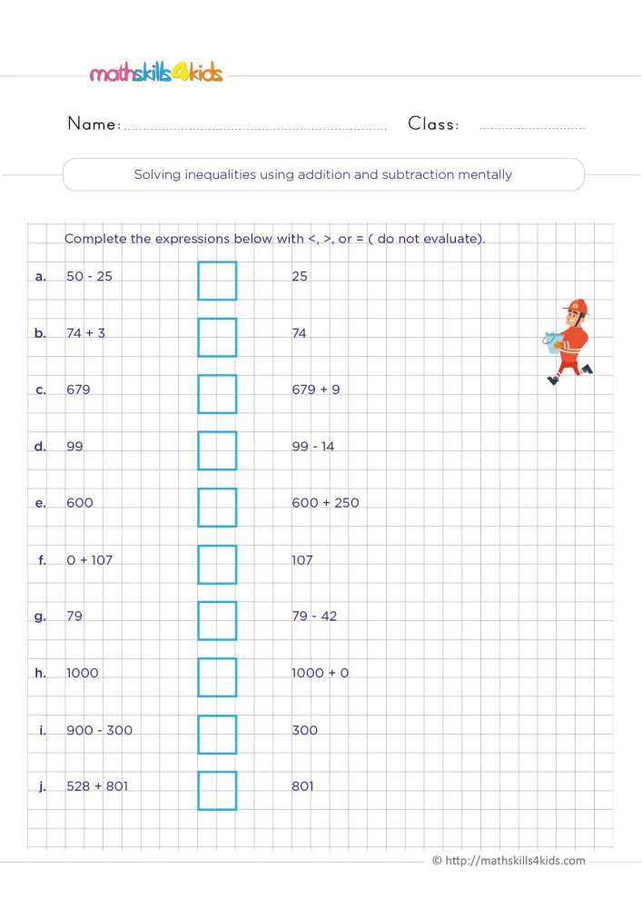 Preview of the page: pairs like 600 and 600 + 250 or 0 + 107 and 107, each with a blue box for a comparison sign.