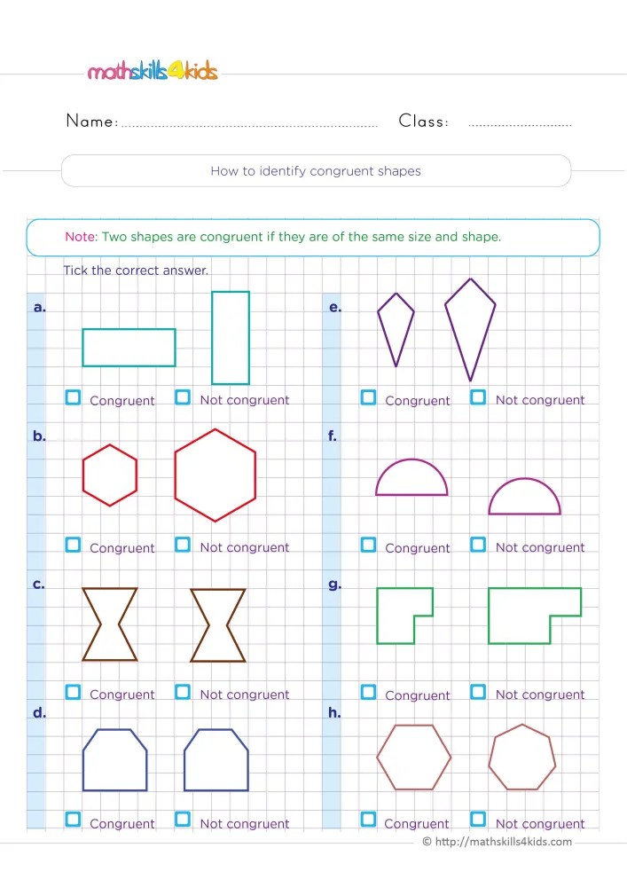 Preview of a page with a note on congruence and eight shape pairs labeled a to h, each with Congruent and Not congruent boxes.