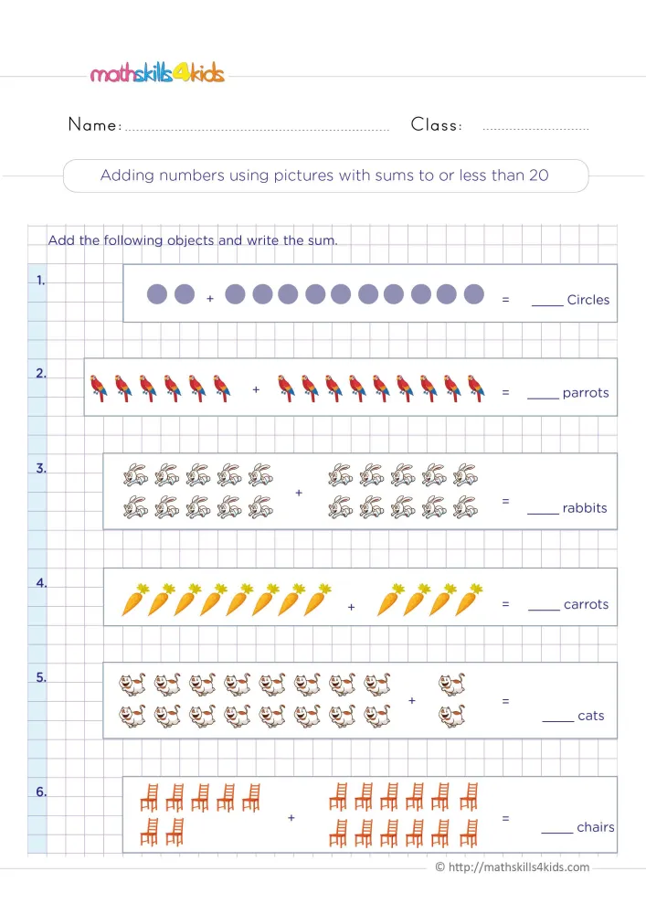 Preview of the picture addition page: two groups per row, a plus sign, and a blank line for each sum up to 20.
