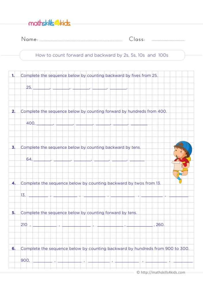 Preview of the counting page: six lines of blanks to fill by twos, fives, tens and hundreds, with a boy holding a scroll.