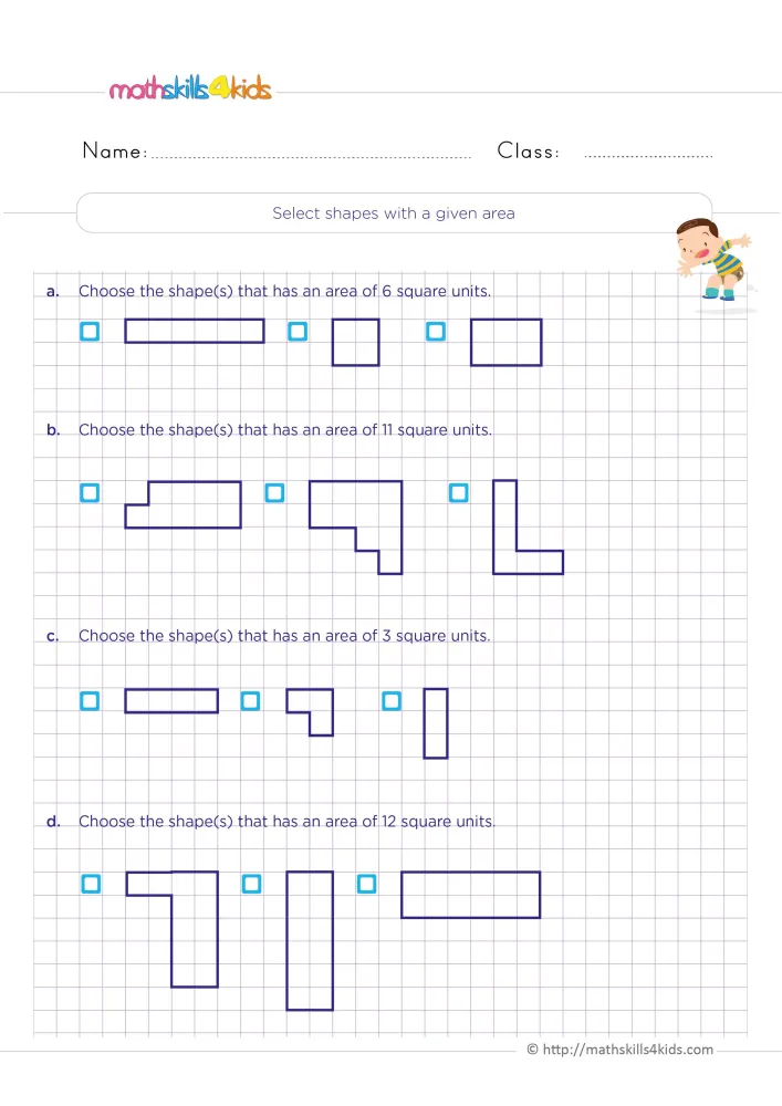 Preview of four area questions on a purple grid, each with three outlined shapes and a blue box to tick beside each.