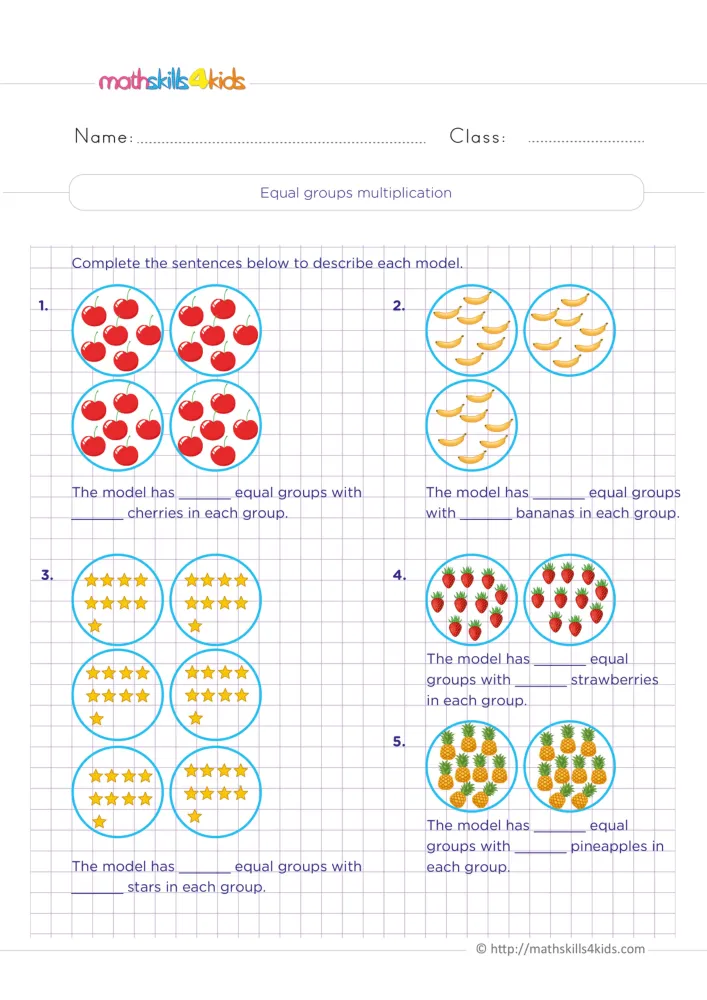 Preview of the equal groups page: five numbered models with blanks for the number of groups and items in each group.