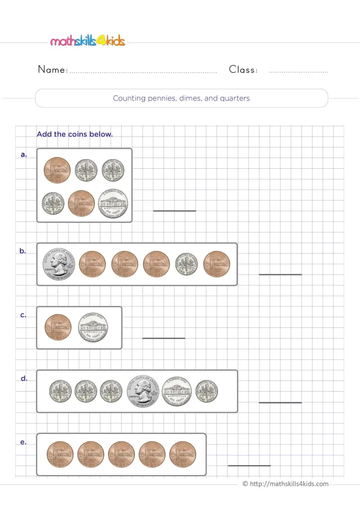 Preview of the counting coins page: copper pennies, silver dimes, a nickel and quarters in five labeled boxes, a to e.