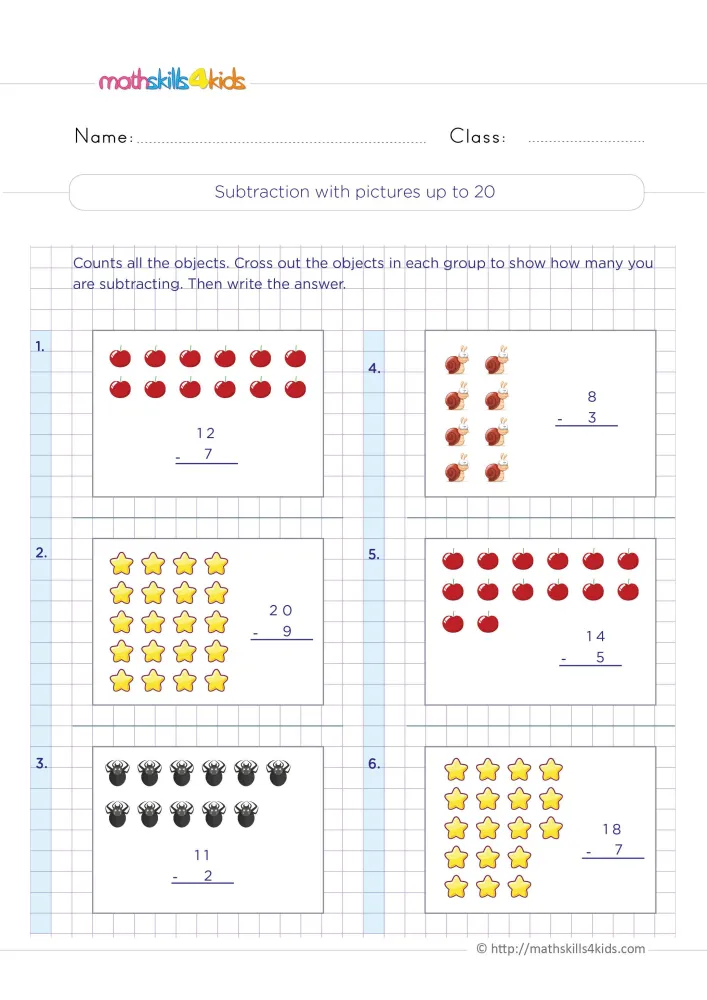 Preview of the picture subtraction page, with problems such as 12 - 7, 20 - 9 and 18 - 7 on a purple grid.