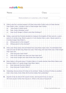 2nd Grade Customary Units Word Problems Worksheet: Feet, Inches, Yards, Miles