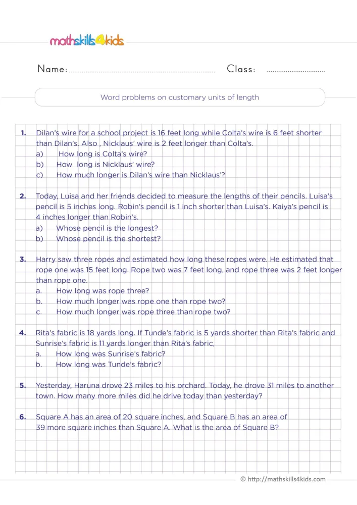 Preview of the word problems on customary units of length page: numbered stories with feet, inches, yards and miles.