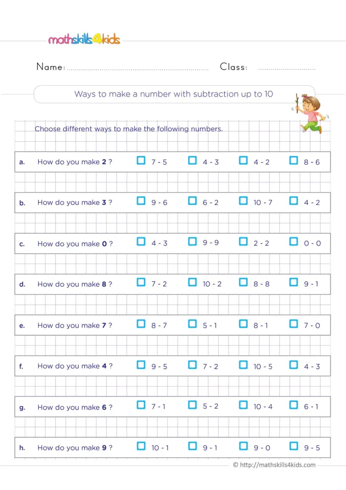 Preview of the subtraction choice page on a purple grid, with blue tick boxes and a girl skipping in the top corner.