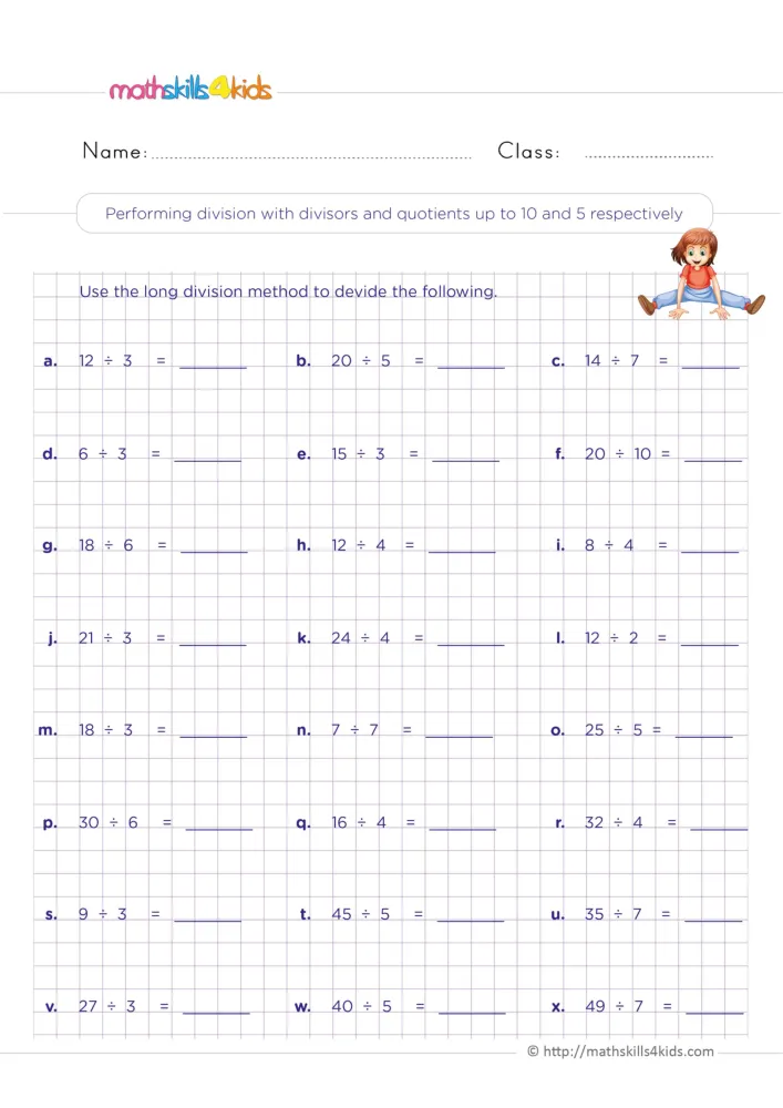 Preview of the division facts page: problems such as 12 ÷ 3 and 49 ÷ 7 on a purple grid, with a smiling girl at the top.