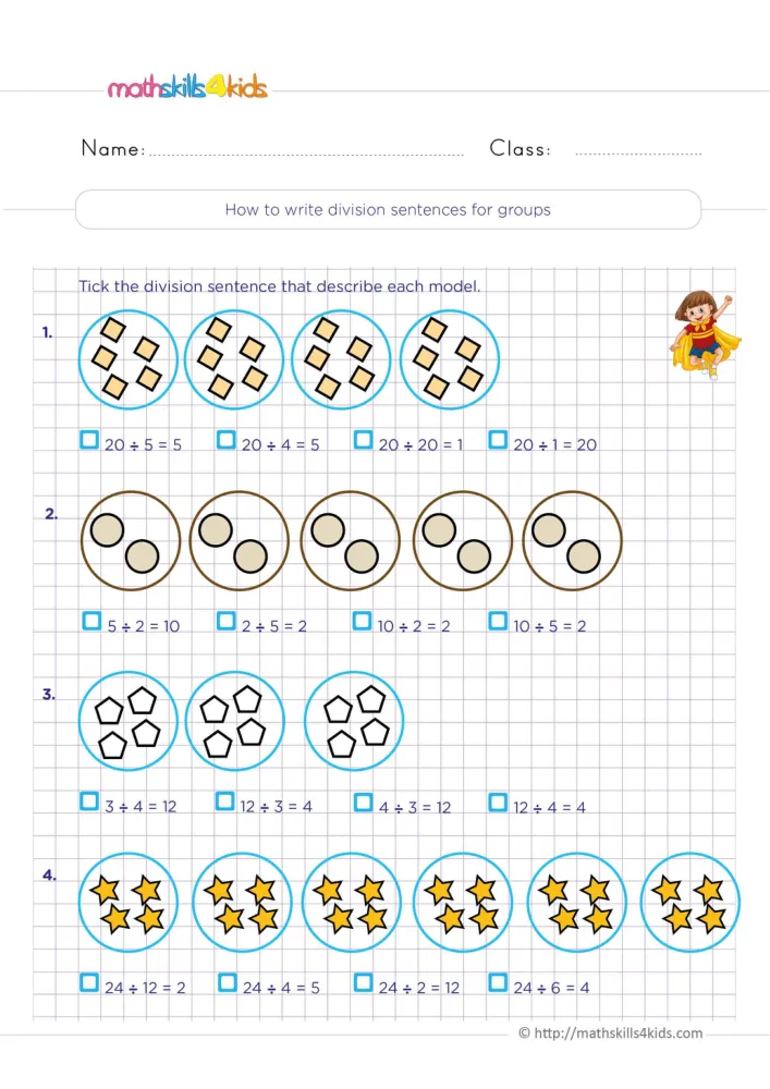 Preview of the division page: four numbered equal group models, each with a row of division sentences and small boxes.
