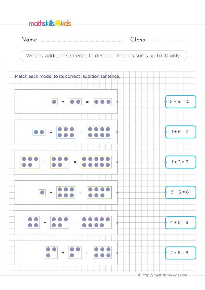 Preview of the matching page on a purple grid, with dot models from 1 + 2 to 5 + 5 and a line to draw to each sentence.