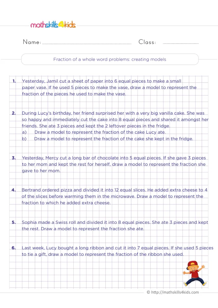 Preview of the fraction stories page: six short problems on a grid, each asking for a model, with a cartoon boy in the corner.