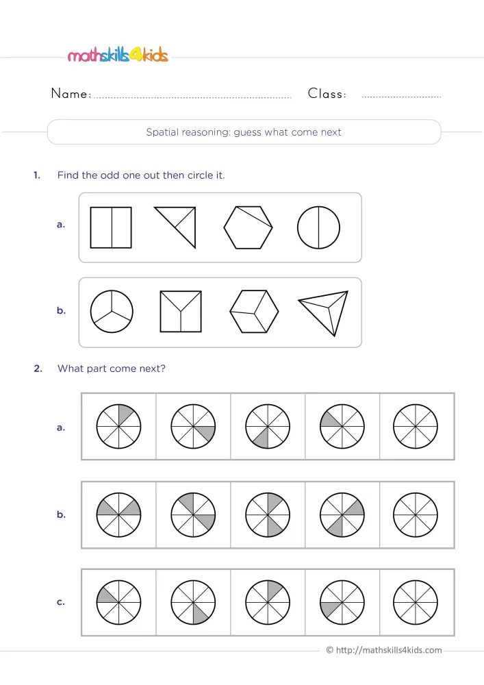 Preview of the spatial reasoning page: squares, triangles and hexagons split by lines above rows of sliced circles to shade.