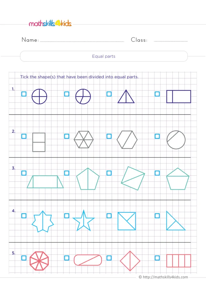 Preview of the equal parts page: twenty outlined shapes crossed by lines on a grid, with a small tick box beside each one.