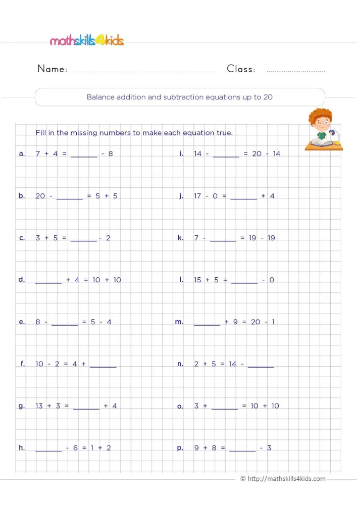Preview of the equal sign page: two columns of addition and subtraction equations up to 20 on a purple grid.
