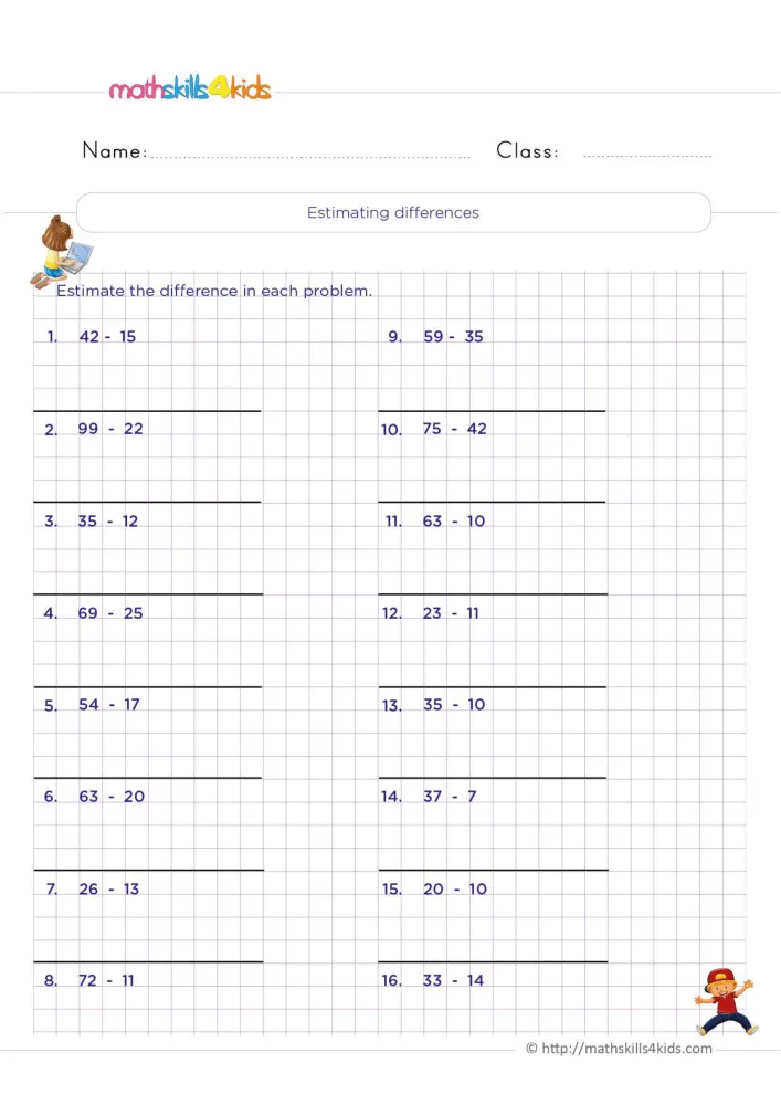 Preview of the subtraction estimation page: numbered problems such as 99 - 22 and 37 - 7 separated by black lines.