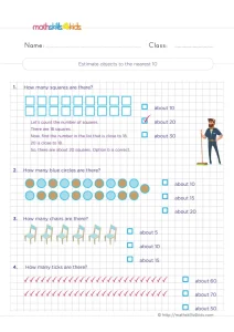 2nd Grade Estimating Objects Worksheet: Squares, Circles, Chairs and Ticks