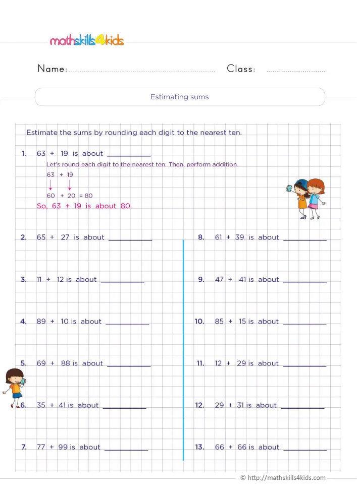 Preview of the estimation page: sums such as 65 + 27 and 77 + 99, each followed by the words is about and a line.