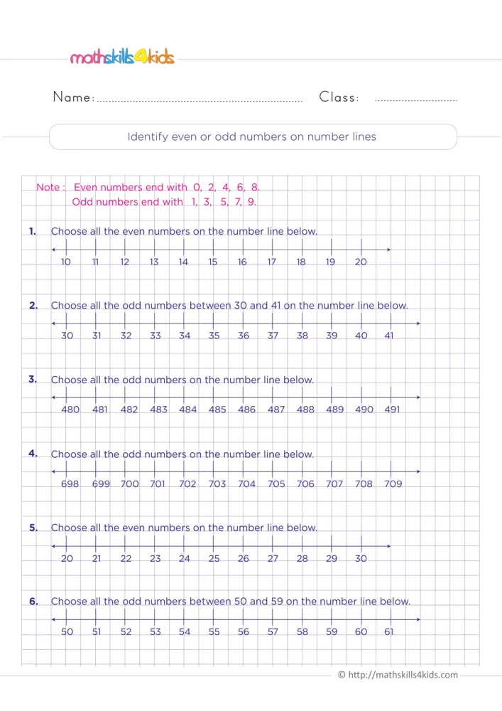 Preview of the even and odd page: number lines from 10 to 20, 20 to 30, 30 to 41 and higher, each ready for circling.