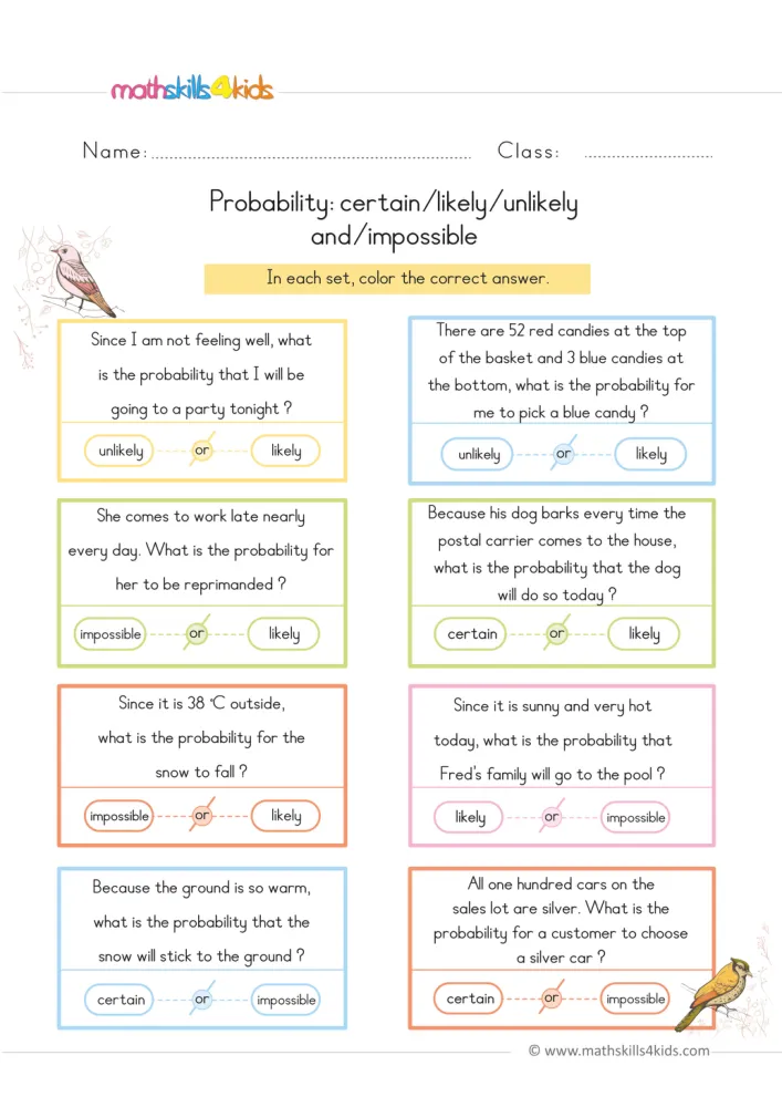 Preview of the chance words page: everyday situations in framed boxes, two birds as decoration, and word choices joined by or.