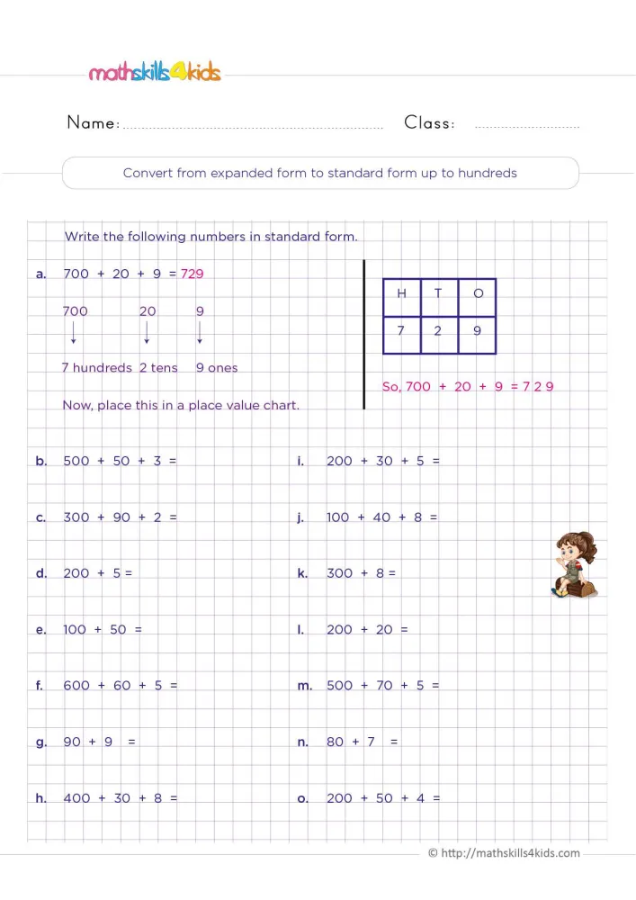 Preview of the expanded form page: two columns of sums from 500 + 50 + 3 to 200 + 50 + 4 on a purple grid.