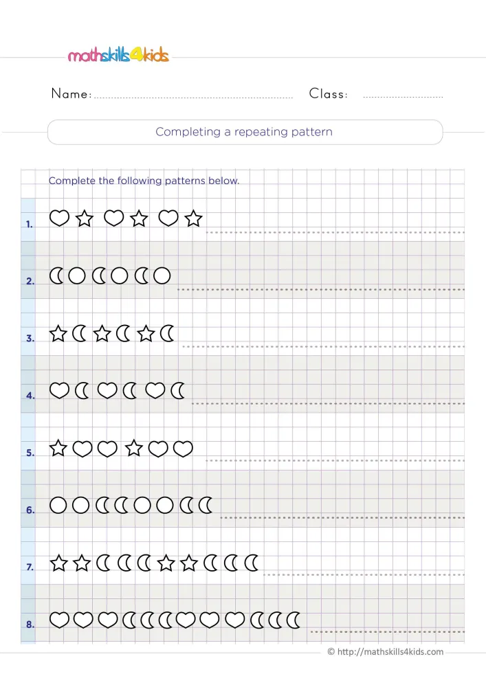 Preview of the pattern page: heart, star rows at the top and longer groups of hearts and moons at the bottom.