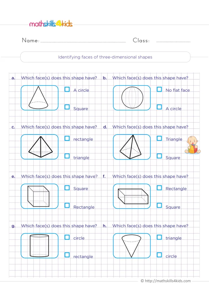 Preview of eight solid shapes labeled a to h, each with the question about its faces and two answers to tick beside it.