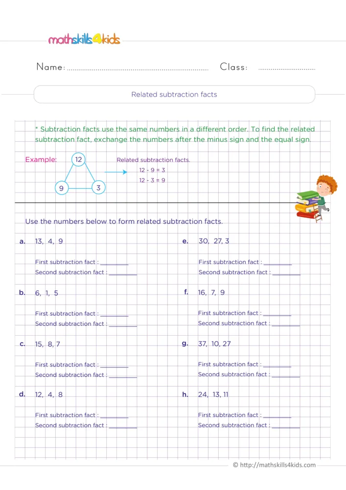 Preview of the page: sets such as 13, 4, 9 and 30, 27, 3, with a boy climbing a small ladder beside a stack of books.