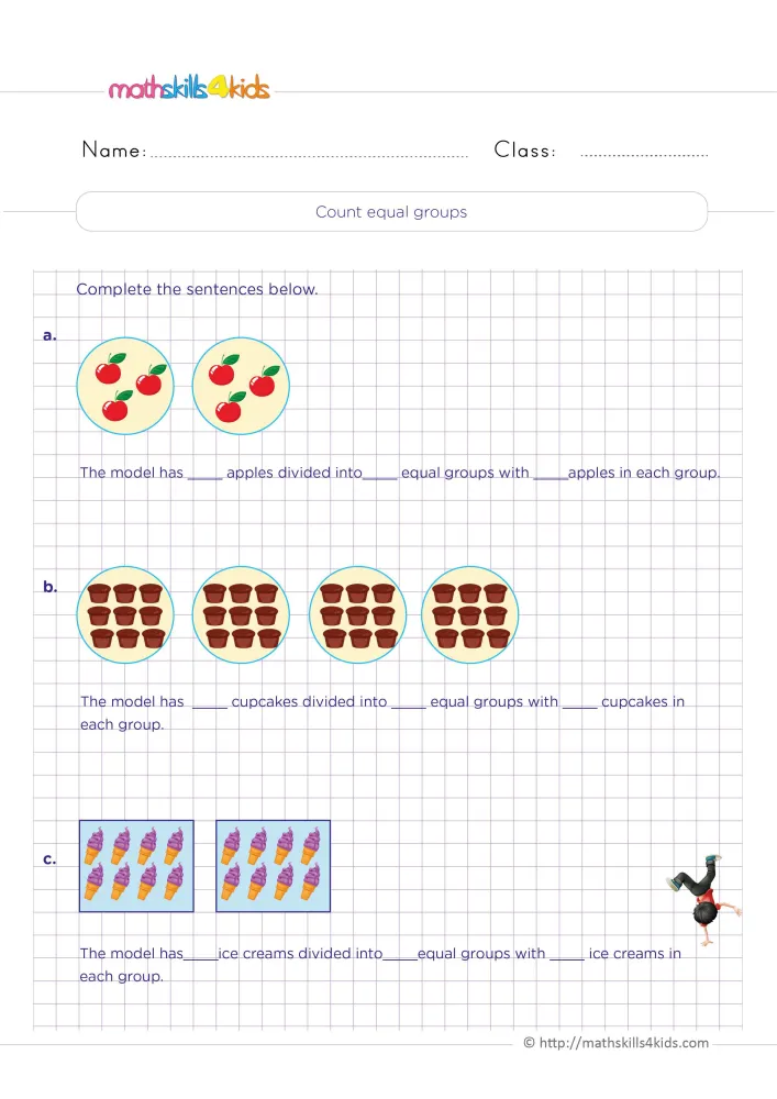 Preview of the equal groups page: three sharing models, each above a sentence with blanks for the total, groups and share.