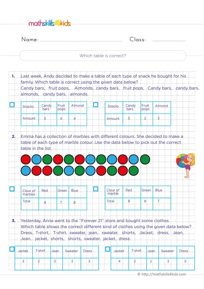 Preview of the which table is correct page: two rows of colored marbles, blue tables of amounts and a girl with a beach ball.
