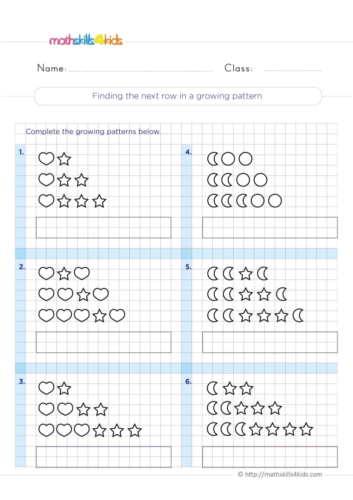 Preview of the growing pattern page: rows that gain one star, heart or moon each time, set in six numbered blue frames.