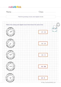 2nd Grade Match Analog and Digital Clocks Worksheet: Draw a Line to the Same Time
