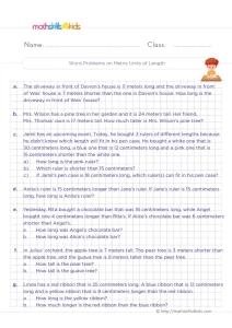 2nd Grade Meters and Centimeters Word Problems Worksheet: Longer, Shorter, Taller