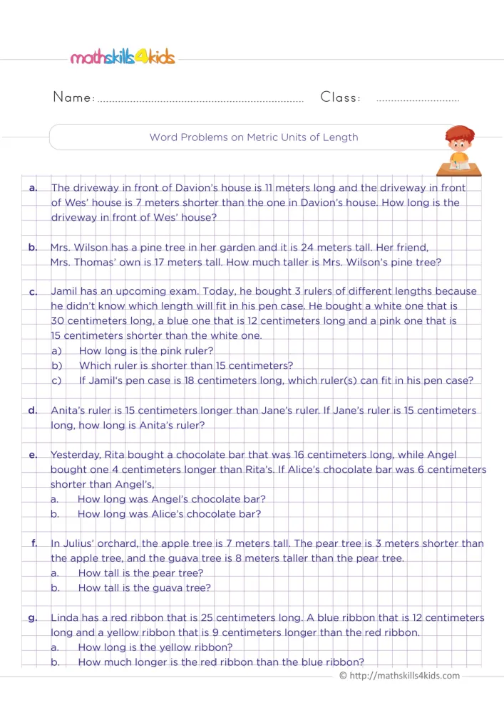 Preview of the metric units of length word problems page: stories a to g on a purple grid, a boy reading at a desk on top.