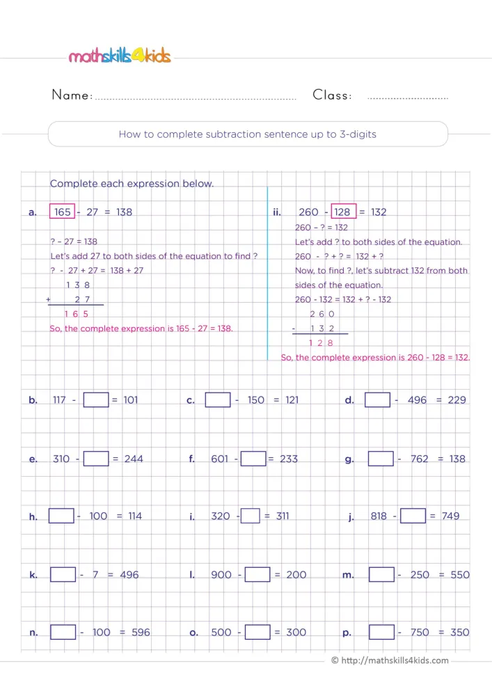 Preview of the grid page: subtraction sentences such as 117 minus a box equals 101, with the empty box at the start or the middle.