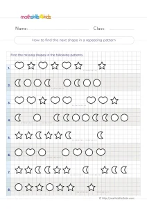 2nd Grade Missing Shape Patterns Worksheet: Fill the Gaps in 8 Rows