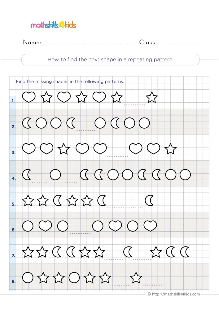 Preview of the pattern page: rows such as heart, star and moon, circle, circle, with dotted lines where shapes are missing.