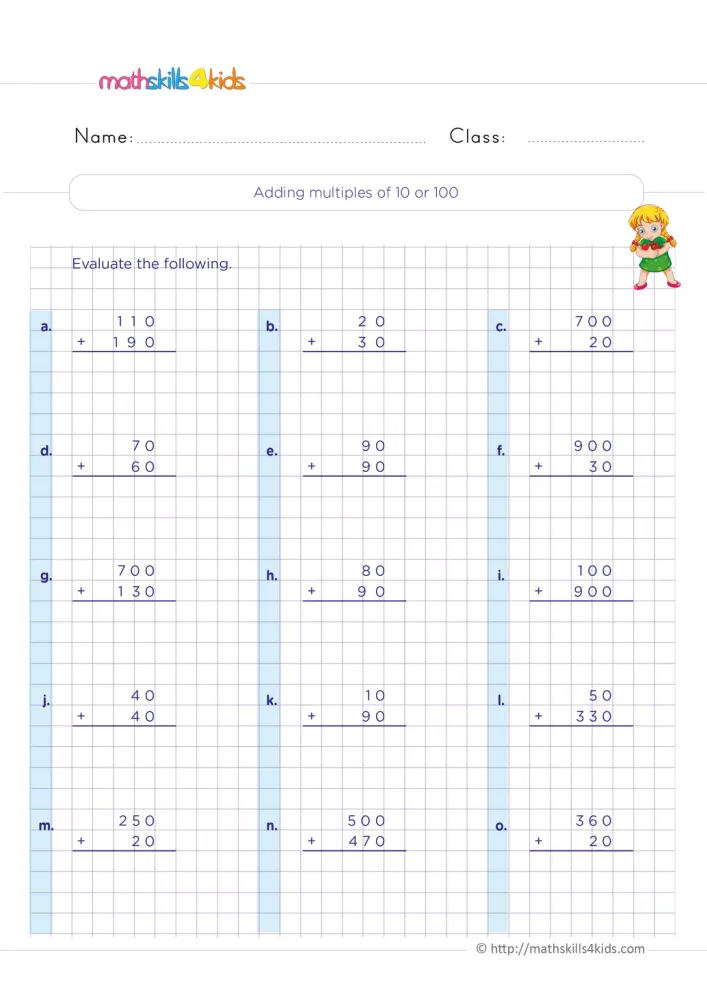 Preview of the grid page: three columns of additions mixing tens and hundreds, from 20 + 30 to 100 + 900.