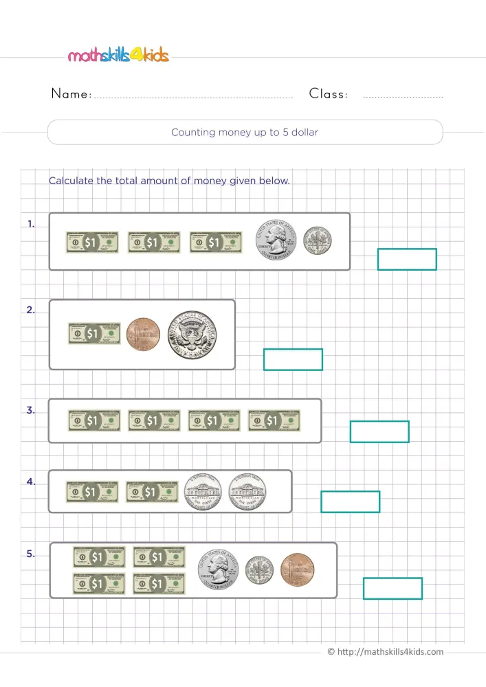 Preview of the counting money page on a purple grid: green $1 bills and silver and copper coins, each box with an empty frame.
